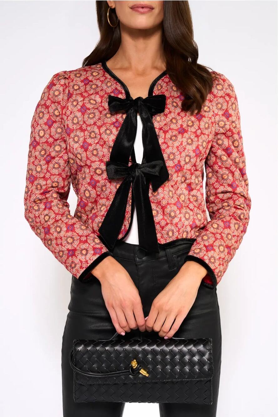 Avara Ember Printed Bow Jacket Quilted Velour Cottagecore Boho Fall Size Medium
